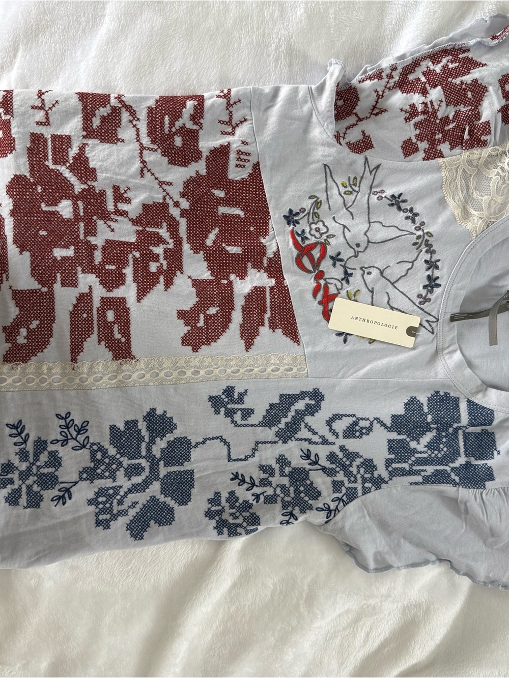 Anthropologie Pale Blue Embroidered Floral Patchwork Top